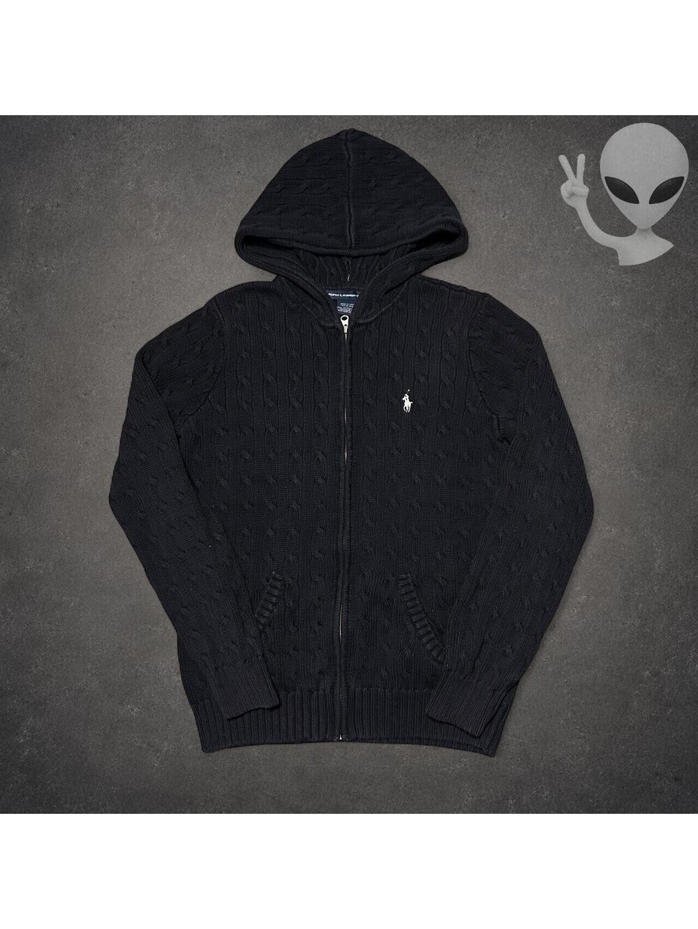 Ralph Lauren Sport Cable Knit Full-Zip Hoodie Womens XL Black Cotton Sweater